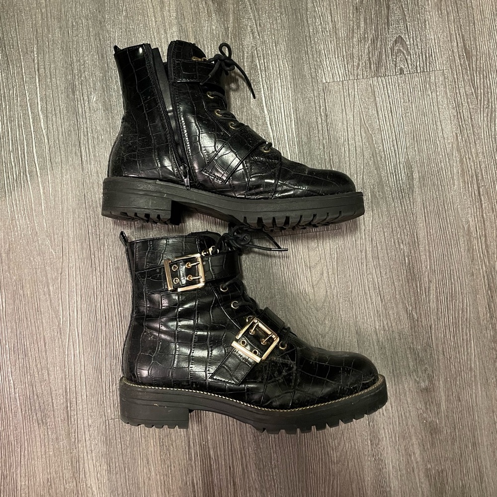 Black Croc-Embossed Combat Boots with Buckles